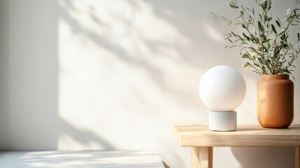 Minimalist composition of levitating smart light bulb emitting warm light.