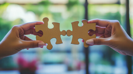 Two Hands Holding Puzzle Pieces, Symbolizing Connection And Collaboration. Perfect For Teamwork, Partnership, And Unity Concepts.