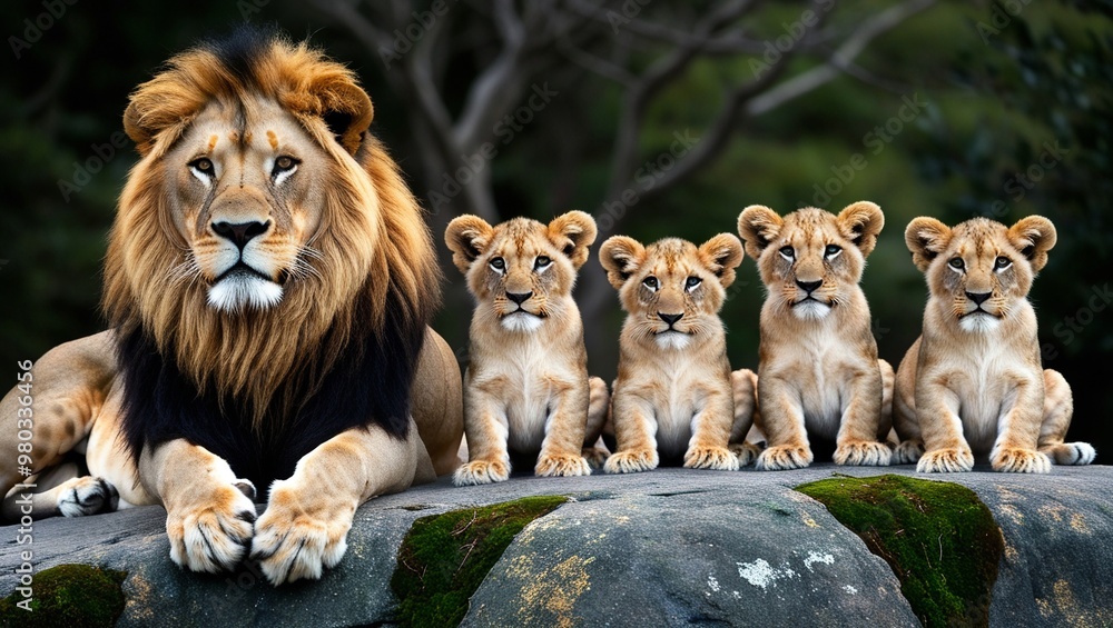 Poster A lion with a black mane and lion cubs are sitting on a rock