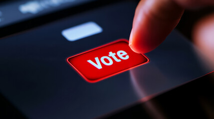 Finger Pressing On "Vote" Button On Digital Screen. Online Voting, Election Concept.