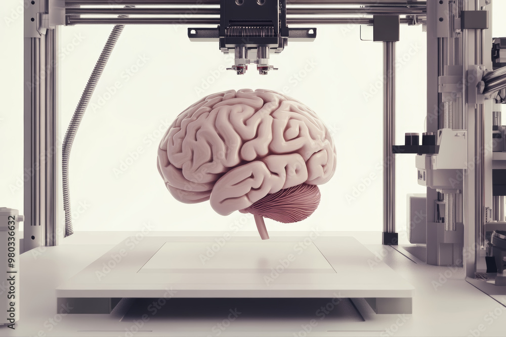 Poster printer creating a detailed brain model in a modern lab environment during the day