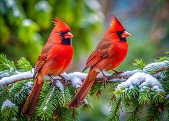 Vibrant red northern cardinal birds sit proudly on a weathered branch, surrounded by lush green foliage, showcasing their striking plumage and majestic winter scenery.