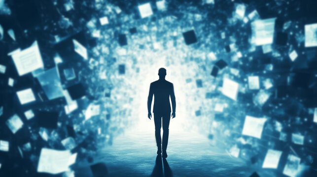 Silhouette Of A Man Walking Towards A Bright Light In A Blue Abstract Background.