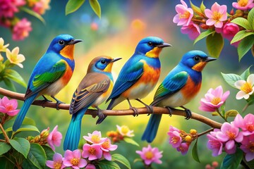 Fototapeta premium Vibrant blue birds with iridescent feathers perch on blooming branches adorned with delicate flowers in shades of pink, yellow, and orange, surrounded by lush greenery.