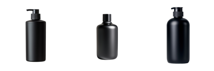 A collection of sleek black bottles ideal for cosmetic or personal care products on a simple background. transparent background