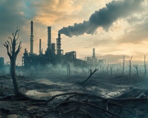 Fototapeta premium A factory surrounded by dead trees and polluted air, visualizing the industrial impact on nature