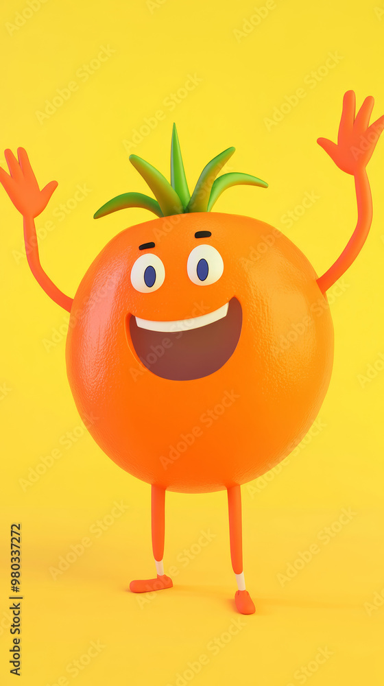 Poster a cheerful animated orange character with a green sprout enjoys a bright yellow background, showcasi