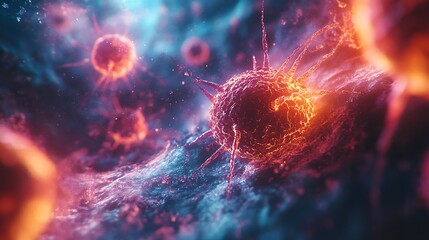 Breakdown of cancer cells in an abstract form, visually representing the success of precision therapy with bold, energetic imagery.
