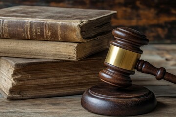 Obraz premium Wooden gavel and books on wooden table, law concept with generative ai