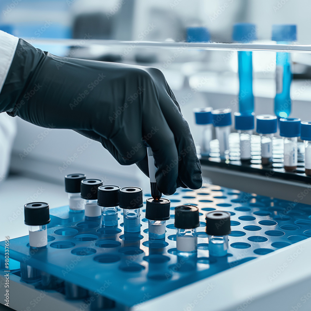 Poster scientist in laboratory with tubes, scientist working on a computer, scientist working on a microsco