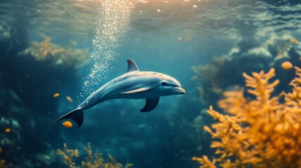 Fototapeta premium Joyful Dolphin Swimming in Vibrant Underwater Seascape