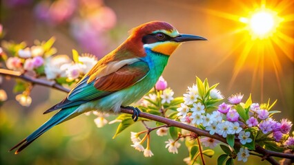 Obraz premium Vibrant bird with iridescent feathers perches on a delicate flower-adorned branch, surrounded by lush greenery, radiating warmth and serenity in a sun-kissed atmosphere.