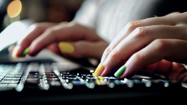 Close up hands typing using laptop computer. Browsing online working writer or blogger. Unrecognizable person.