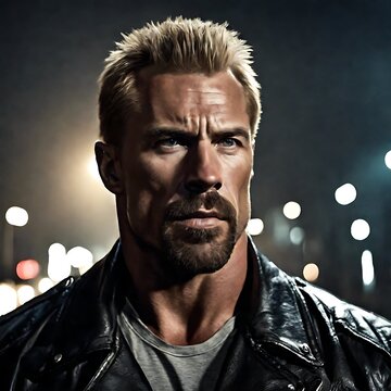 portrait of a blond man with a gotee wearing a leather jacket and grey t-shirt, city lights in the background 