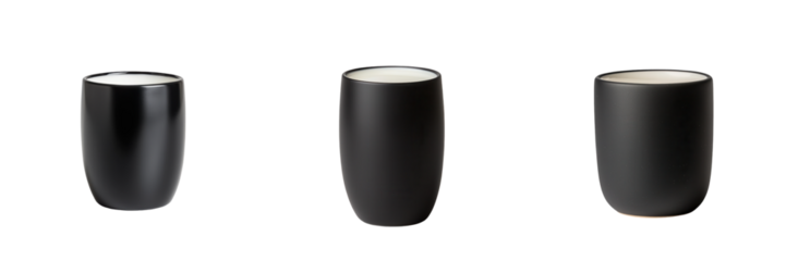 A stylish collection of black mugs with smooth curves, perfect for coffee, tea, or decorative display in modern settings. transparent background
