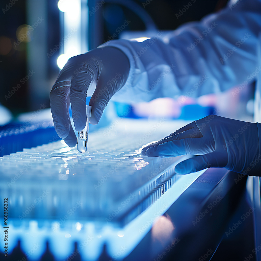 Poster scientist in laboratory with tubes, scientist working on a computer, scientist working on a microsco