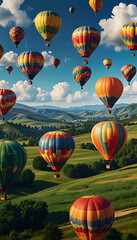 Obraz premium A whimsical mobile wallpaper featuring colorful hot air balloons floating over rolling green hills and a bright blue sky filled with fluffy clouds