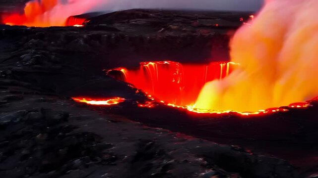 The crater is erupting, smoke, lava, Apocalyptic volcanic landscape with hot flowing lava and smoke and ash clouds.