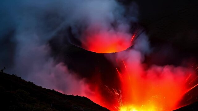 The crater is erupting, smoke, lava, Apocalyptic volcanic landscape with hot flowing lava and smoke and ash clouds.