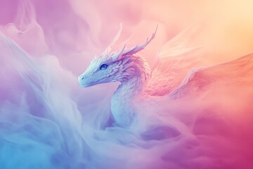 Fototapeta premium White Dragon in a Dreamy, Colorful Setting.