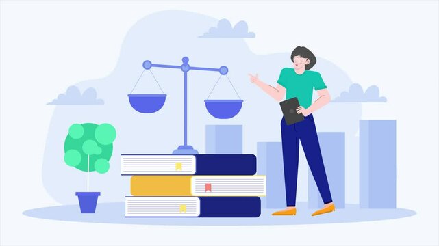 a person with a justice scale and book symbolizing legal concepts and balance in law business animated video