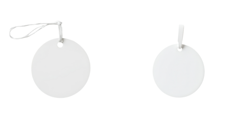 Blank circular tags with silver attachments, ideal for labeling, crafts, and personalization in various creative projects. transparent background