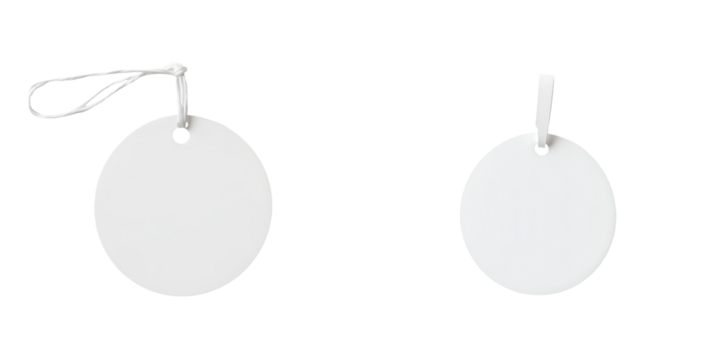 Blank circular tags with silver attachments, ideal for labeling, crafts, and personalization in various creative projects. transparent background