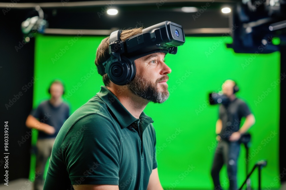 Poster cutting-edge media production team in high-tech studio creating immersive content