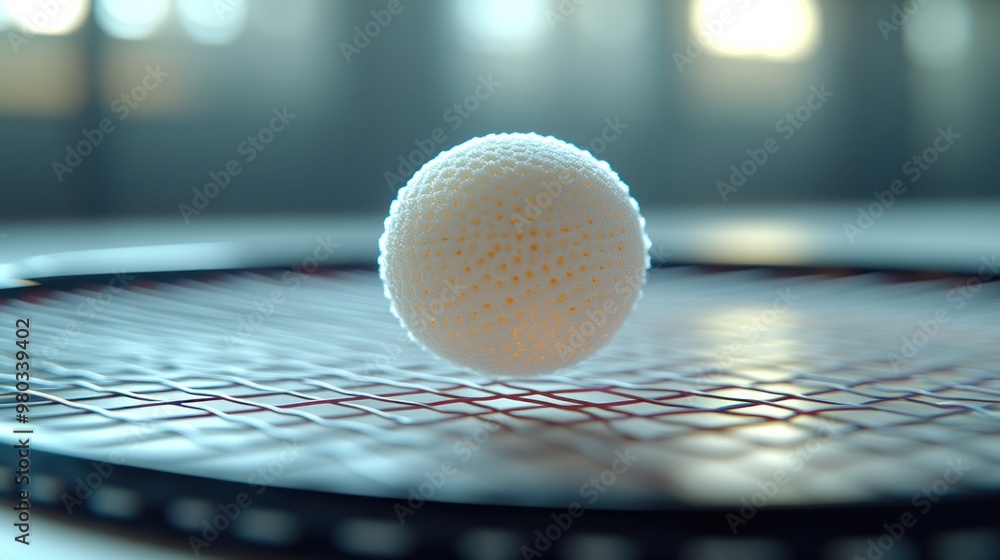 Poster a ping pong ball hovering above a racket, highlighting sports dynamics.