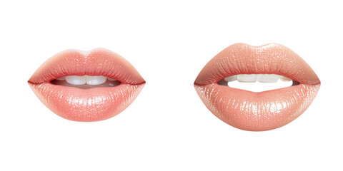 Fototapeta premium Close-up view of two pairs of natural lips showcasing different shapes and colors, ideal for beauty and cosmetic themes. transparent background