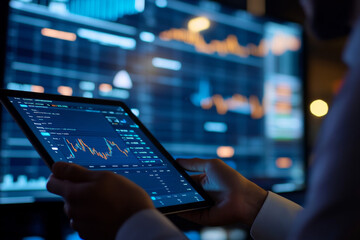 person typing on a tablet, A businessman holding a digital tablet with stock fund performance graphs
