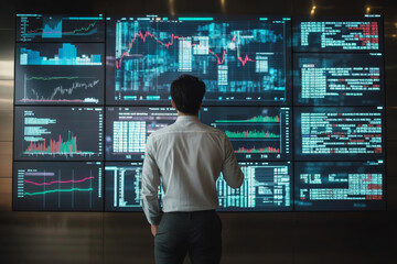 A businessman standing in front of a large wall screen showing the performance of stock data