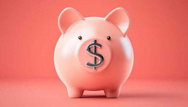 A cheerful piggy bank with a dollar sign, symbolizing saving money and financial planning against a vibrant coral backdrop.