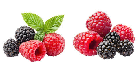 Delicious fresh berries arranged beautifully, showcasing vibrant colors and rich textures of raspberries and blackberries. transparent background