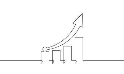 Continuous one line drawing of graph business growth. Bar chart sign symbol. Illustration vector of increasing arrow up. single line art. vector illustration