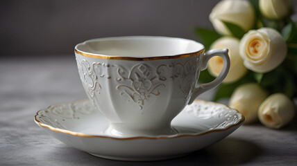 A white teacup on a saucer