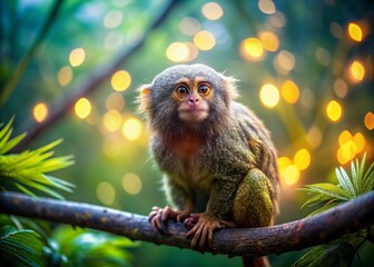 Fototapeta premium Vibrant Western pygmy marmoset perches on a lush branch, surrounded by radiant bokeh lights, amidst a misty rainforest backdrop, evoking a sense of whimsy and magic.