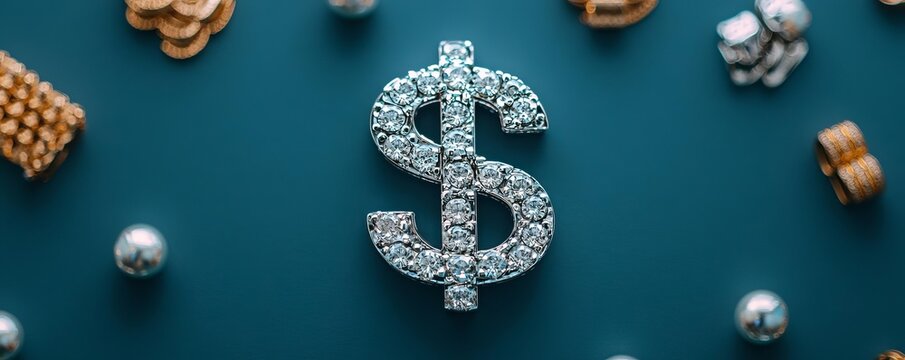 A sparkling dollar sign surrounded by various decorative elements on a vibrant background, symbolizing wealth and prosperity.
