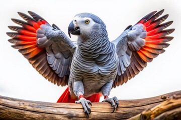 Majestic African Grey Parrot with vibrant grey feathers and bright red tail, spread wings, perched on transparent background, showcasing elegant plumage and striking features.