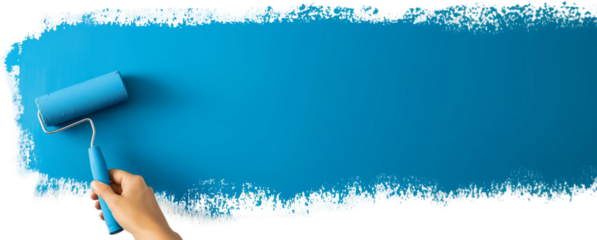 hand painting blue wall with paint roller 