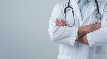 Confident doctor in a white coat with folded arms and stethoscope, symbolizing professionalism in healthcare, medical authority