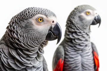 Obraz premium A majestic African grey parrot bundle perches and flies in contrasting poses, showcasing vibrant feathers, with a striking portrait and back view on a white background.