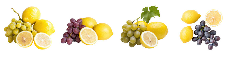 Fresh lemons and assorted grapes arranged beautifully, perfect for culinary, health, and beverage concepts. transparent background