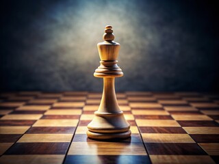 A solitary chess bishop stands poised on a square, its mitre-shaped head tilted in introspection, surrounded by empty squares and a blurred board background.