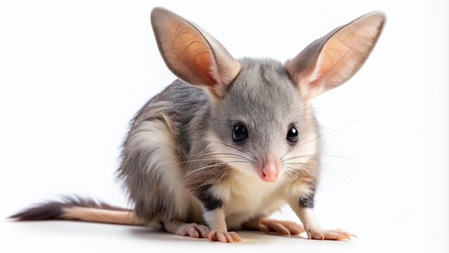 Adorable bilby with fluffy fur and large ears sits alone on a clean white background, showcasing its cute facial expressions and tiny paws.