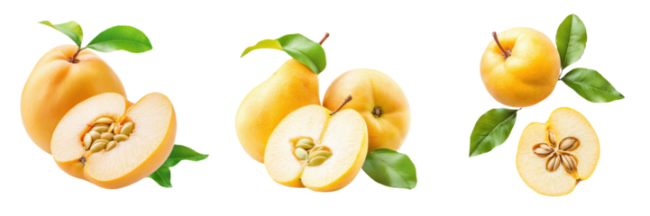 Fresh yellow apples sliced and whole, showcasing their juicy texture and vibrant color against a clean background. transparent background