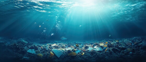 Plastic waste floating in a deep ocean with marine life swimming around, symbolizing human impact on ecosystems