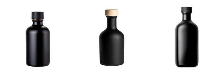Set of elegant black bottles with various caps, perfect for showcasing products in a minimalist design. transparent background