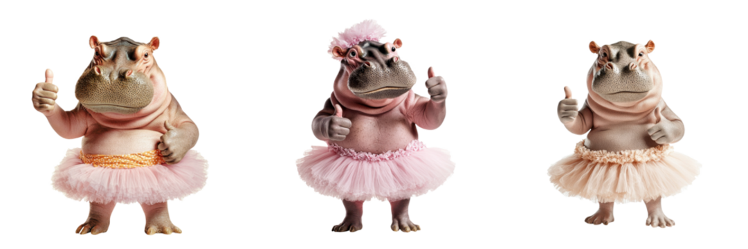 Playful hippos in colorful tutus strike fun poses, showcasing their whimsical charm and joyful spirit. transparent background