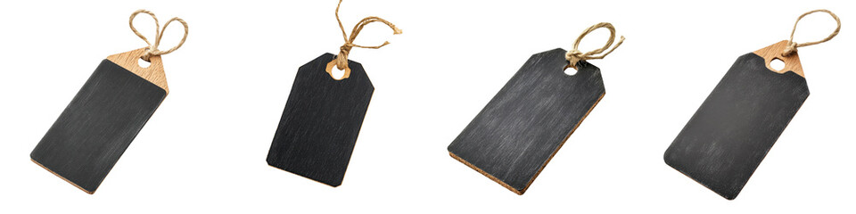 Set of four blank chalkboard tags perfect for labeling, organizing, and creative decoration in various settings. transparent background